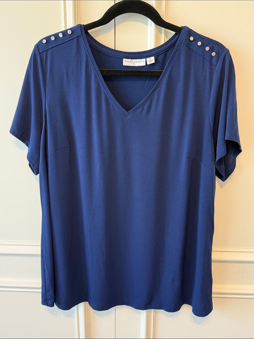 Susan Graver Navy V-Neck Short Sleeve Top with Shoulder Studs